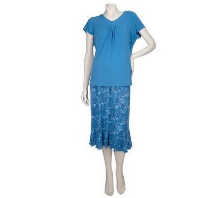 Susan Graver Liquid Knit V-neck Top & Printed Skirt - A01894