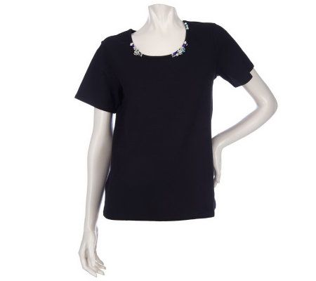 Susan Graver Stretch Cotton Scoop Neck Jewel Embellished Top - A199394