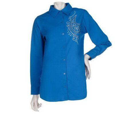 Susan Graver Stretch Cotton Button Front Shirt w/Mixed Metal Detail - A211794