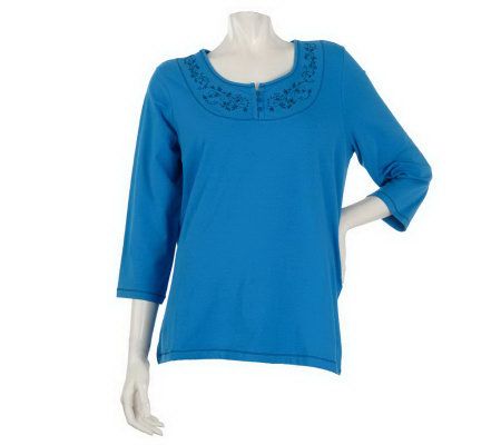 Denim & Co. 3/4 Sleeve Scoop Neck T-shirt with Embroidery - A215894