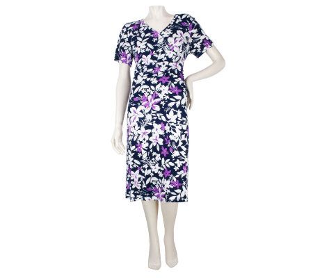 Denim & Co. Short Sleeve Faux Wrap Print Dress with Ruching - A221894