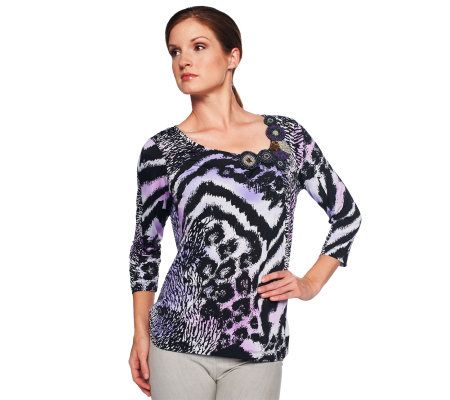 George Simonton Animal Print Asymmetric Neck Top w/Bead Detail - A224094