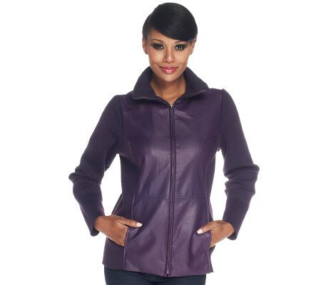 Susan Graver Faux Leather and Stretch Knit Jacket with Zip Front - A209695