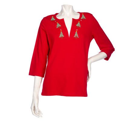 Quacker Factory 3/4 Sleeve Holiday Motif Duet w/ Button - A210795