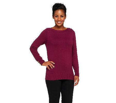 Susan Graver Sweater Knit Boat Neck Long Sleeve Top with Buttons - A211795