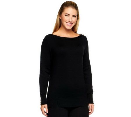 Susan Graver Sweater Knit Boat Neck Long Sleeve Top with Buttons - A211795