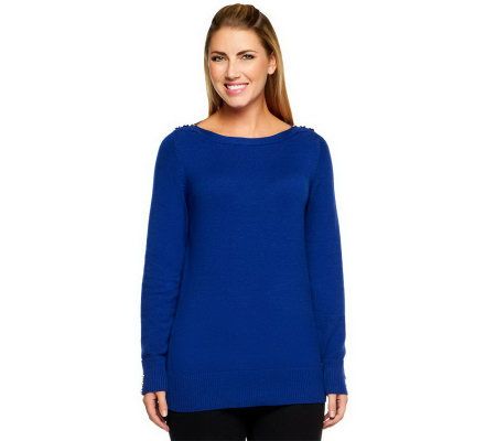 Susan Graver Sweater Knit Boat Neck Long Sleeve Top with Buttons - A211795