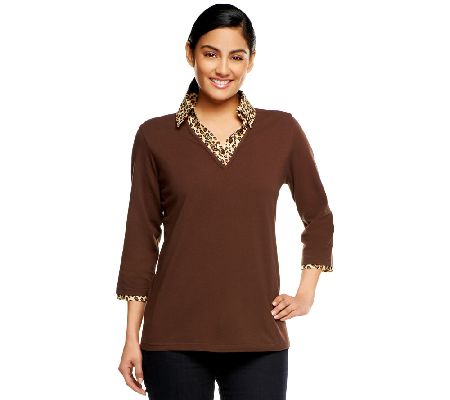 Denim & Co. 3/4 Sleeve Knit Top with Animal Print Duet - A215895