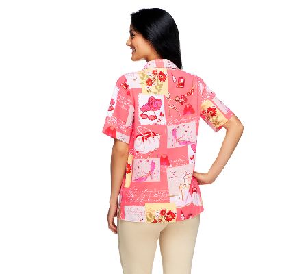 Susan Graver Cool Peach Button Front Conversation Print Campshirt