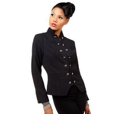Luxe Rachel Zoe Mandarin Collar Military Blazer with Button Detail - A223095