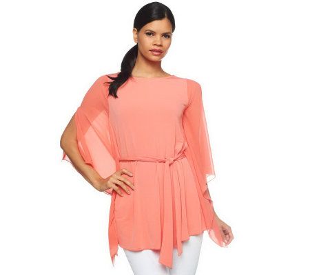 George Simonton Milky Knit Tunic with Chiffon Sleeves & Self Belt - A224095
