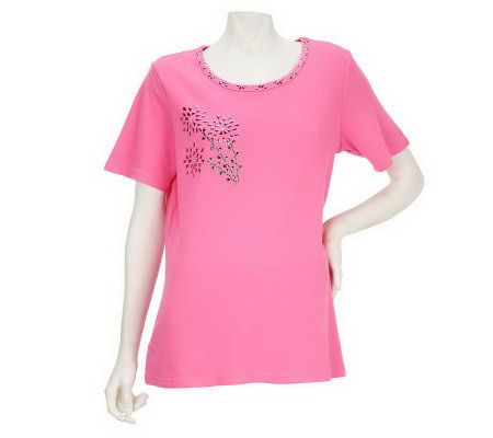 Quacker Factory Studded Daisy Short Sleeve T-shirt - A224395