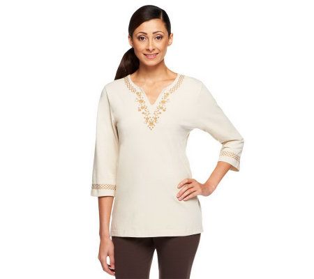 Denim & Co. 3/4 Sleeve Embroidery Split Neck Top - A226295
