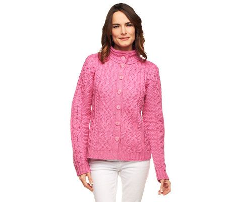 Aran Craft Merino Wool Mandarin Collar Button Front Cardigan - A228595