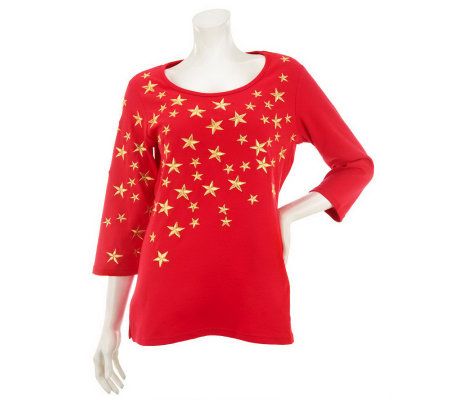 Quacker Factory Super Star Embroidered 3/4 Sleeve T-shirt - A231295