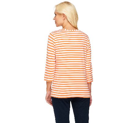 Denim & Co. 3/4 Sleeve V-Neck Striped Knit Top