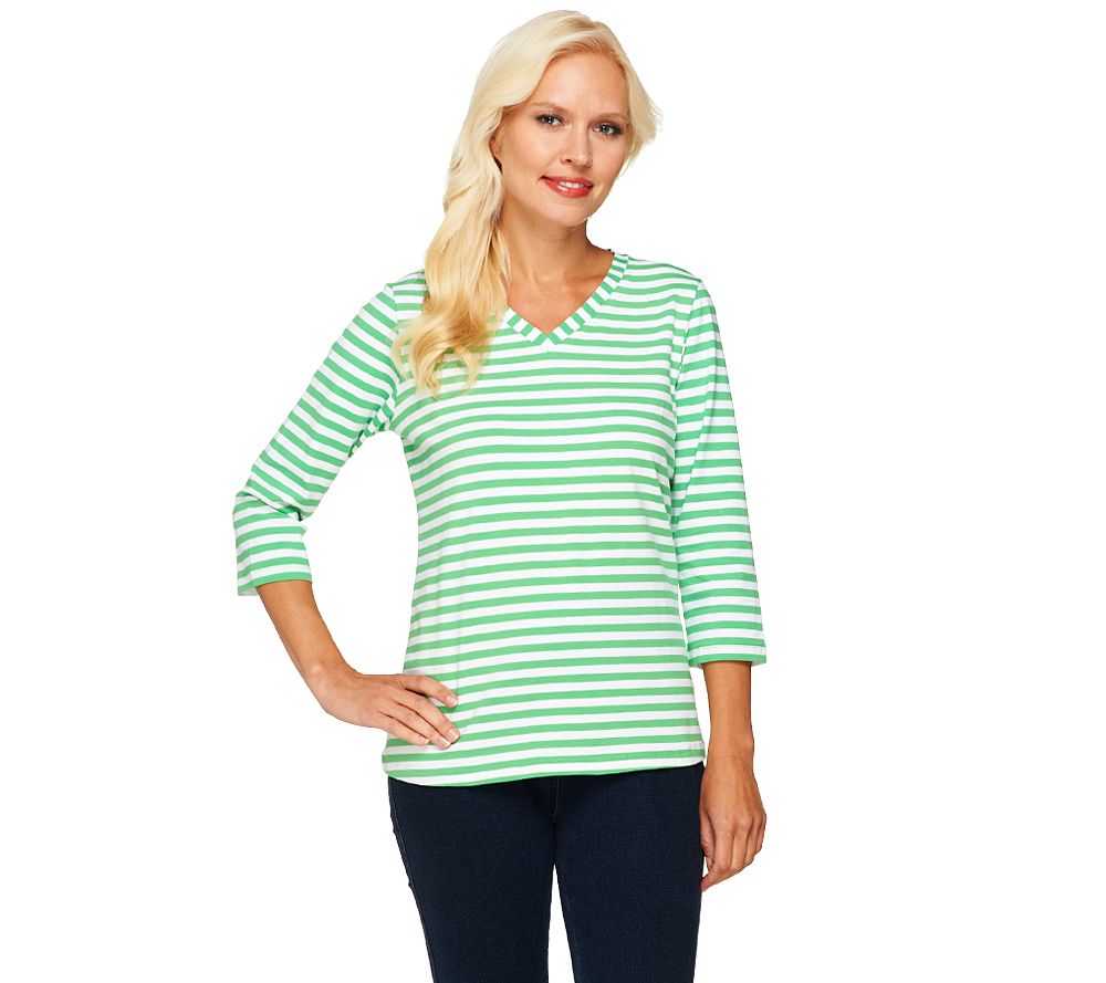 Denim & Co. 3/4 Sleeve V-Neck Striped Knit Top - A231995