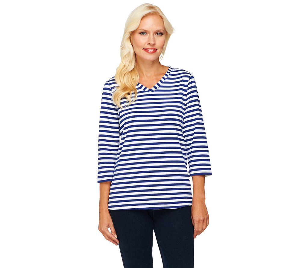 Denim & Co. 3/4 Sleeve V-Neck Striped Knit Top - A231995