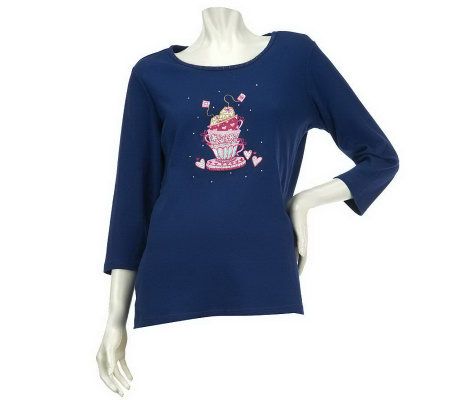 As Is Quacker Factory Stacked Tea Cups 3/4 Sleeve T_Shirt - A232995