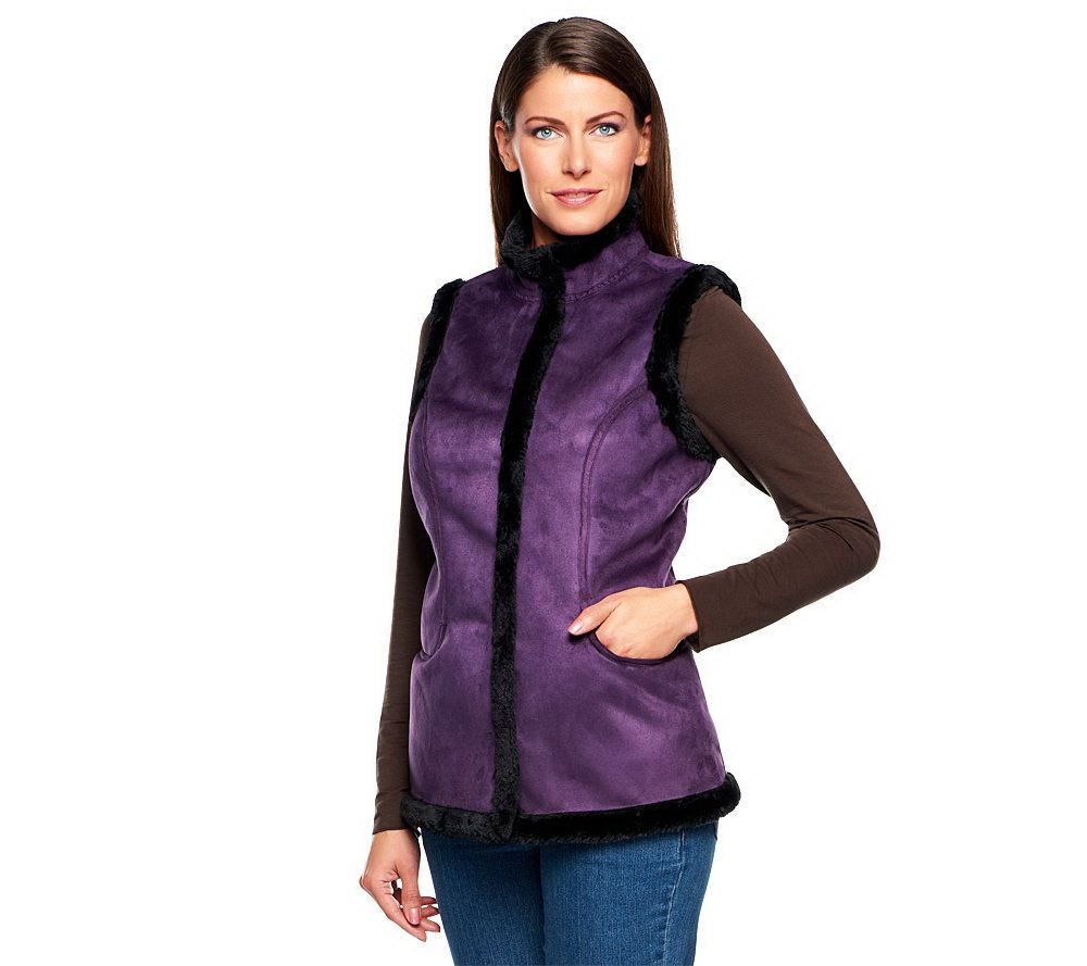 As Is Denim & Co. Faux Suede Snap Front Vest with Faux Fur Trim - A236495