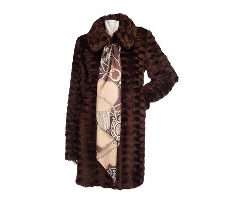 Dennis Basso Brown Sculpted Faux Fur Mink Coat with Printed Scarf - A96595