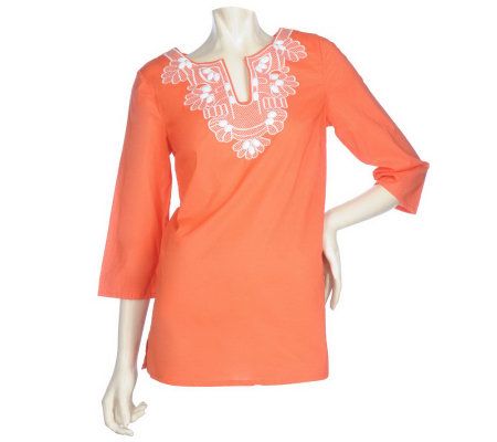 Dennis Basso Cotton Voile 3/4 Sleeve Shirt with Embellishment - A214796