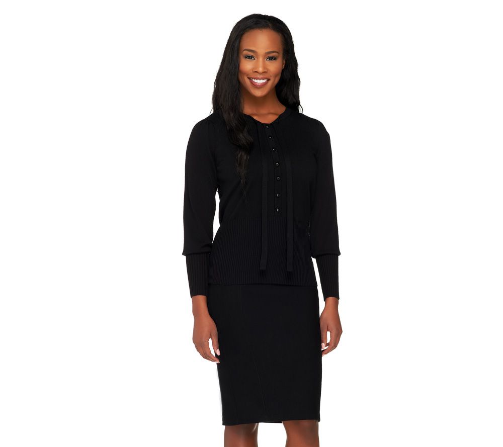 Linea by Louis DellOlio Whisper Knit Sweater w/Tie & Button Detail - A219896