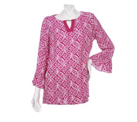 Susan Graver Printed Gauze Top with Beaded Trim Neckline - A222196