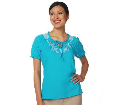 Denim & Co. Short Sleeve Peasant Top w/ Floral Embroidery - A222696