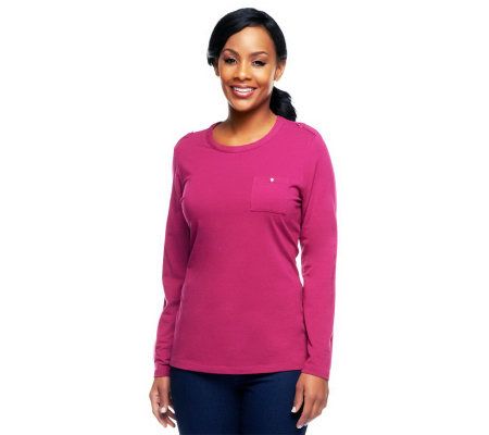 Denim & Co. Essentials Round Neck Tee With Epaulets at Shoulders - A227896