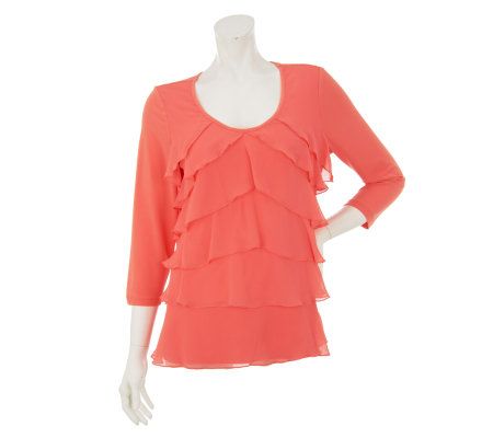 George Simonton Milky Knit 3/4 Sleeve Top with Chiffon Ruffles - A230696