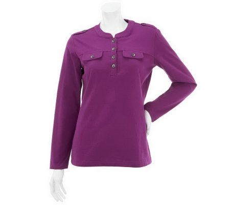 As Is Denim & Co. Long Sleeve Knit Top with Epaulets and Button Trim - A235696