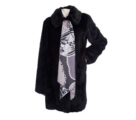 Dennis Basso Black Pelted Faux Fur Mink Coat with Printed Scarf - A96596