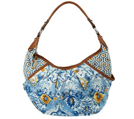 Tignanello Cotton Dual Pattern Printed Canvas Crescent Hobo