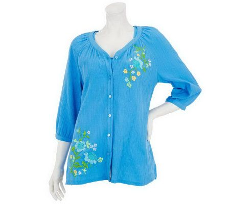 As Is Denim & Co. Floral Embroidered Button Front Top with Tank - A236997