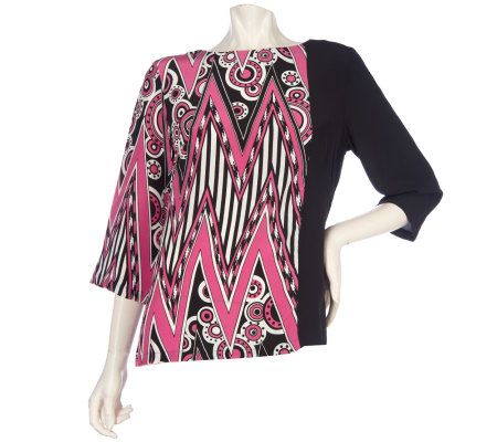 Bob Mackies Asymmetrical Art Deco Print Colorblock Silk Top - A214898