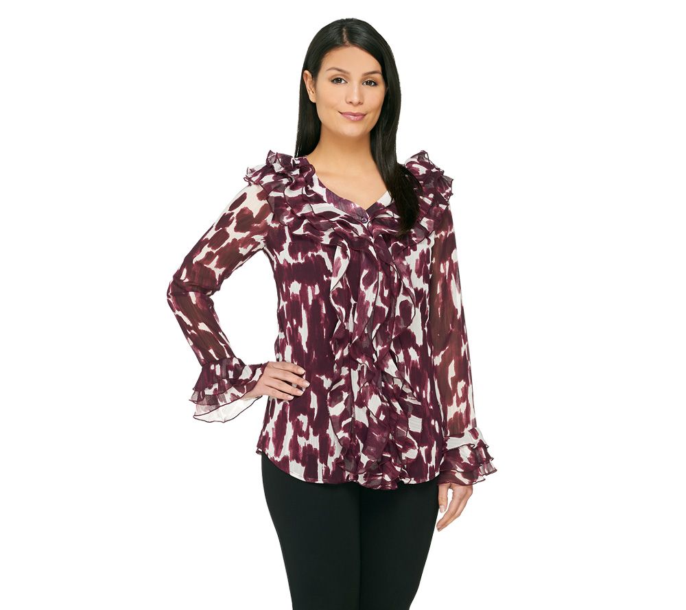 Dennis Basso Printed Button Front Ruffle Blouse with Cami - A221098