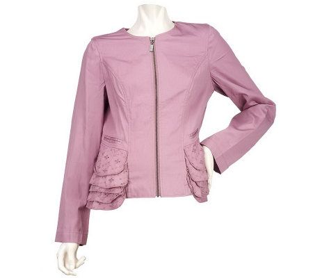 LOGO by Lori Goldstein Zip Front Jacket with Eyelet Ruffle - A223698