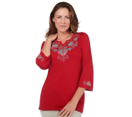 Quacker Factory Simulated Turquoise Necklace 3/4 Sleeve Sweater - A224998