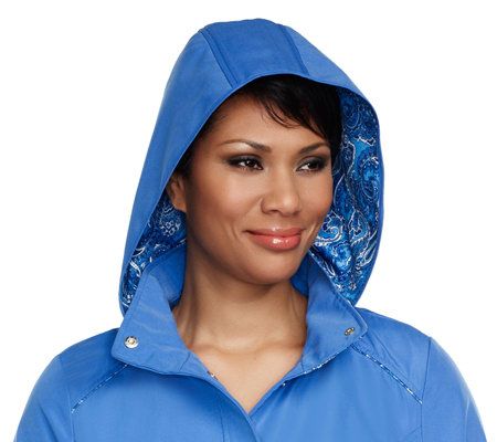 Dennis Basso Water Resistant Jacket with Paisley Trim & Removable Hood