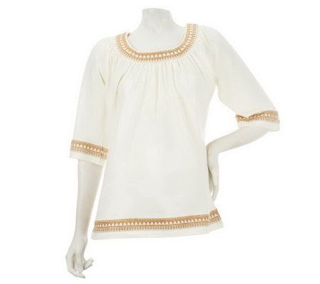 Denim & Co. 3/4 Sleeve Jersey Top with Embroidery Border Detail - A96298