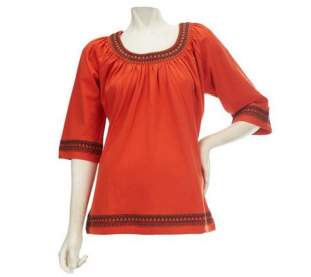 Denim & Co. 3/4 Sleeve Jersey Top with Embroidery Border Detail - A96298
