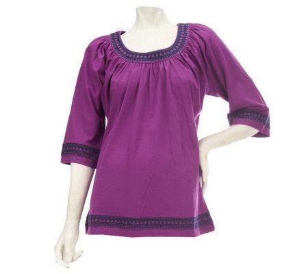 Denim & Co. 3/4 Sleeve Jersey Top with Embroidery Border Detail - A96298