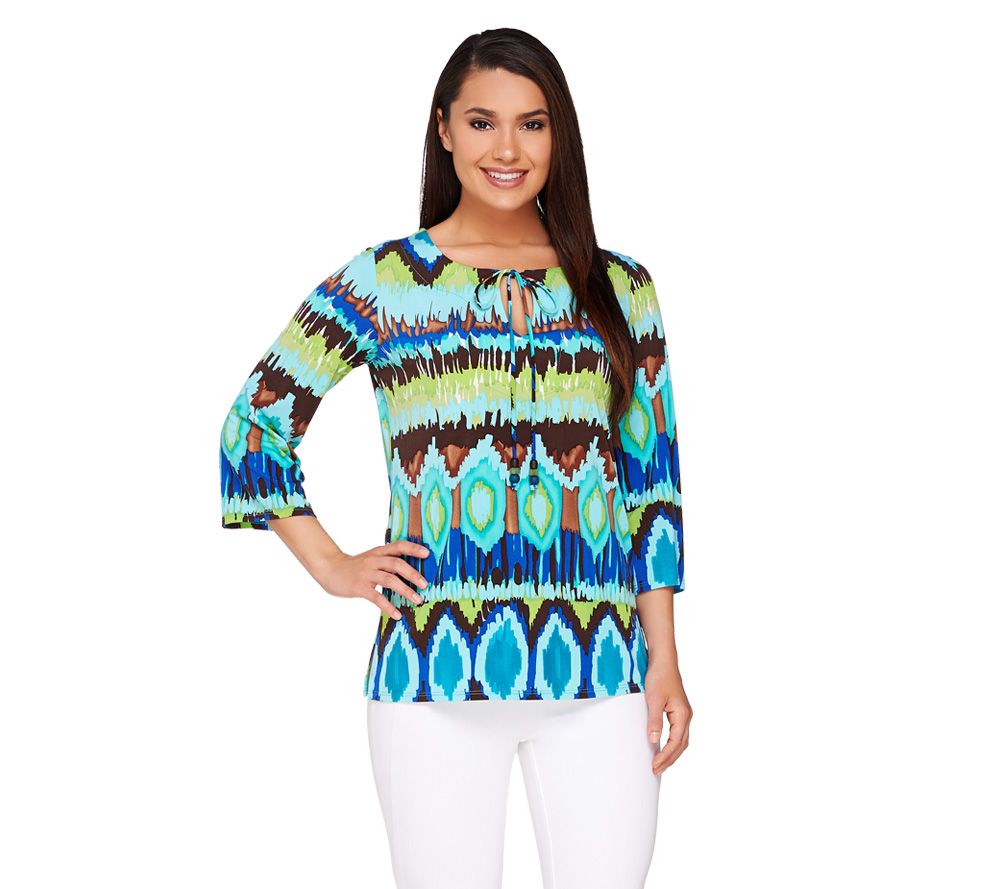 Susan Graver Liquid Knit Aztec Print Split Neck Tunic - A199599