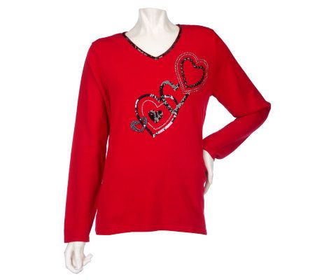 Quacker Factory Midnight Love Heart Embellished V-Neck Sweater - A202599
