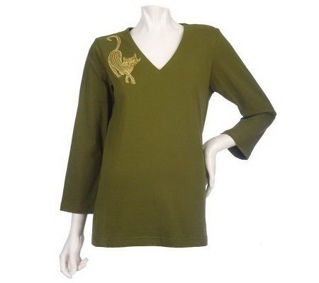 Bob Mackies Guilded Kitty Long Sleeve V-neck Knit Top - A203799