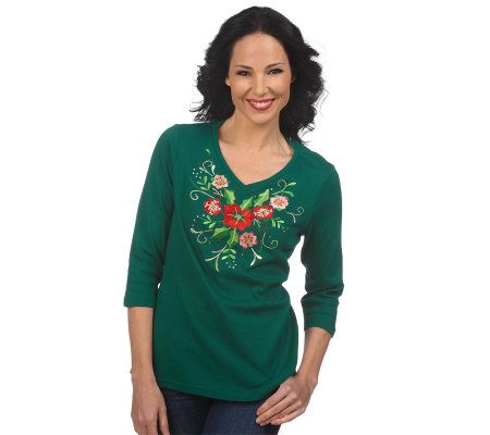 Quacker Factory 3/4 Sleeve Holiday Corsage V-neck T-shirt - A210799