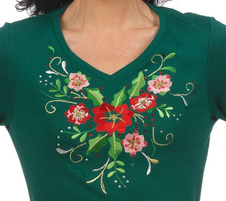 Quacker Factory 3/4 Sleeve Holiday Corsage V-neck T-shirt