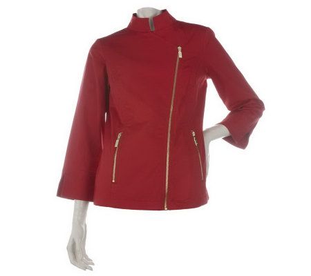 Bob Mackies Asymmetrical Zip Front Twill Jacket with Pockets - A214099