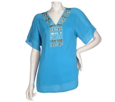 Dennis Basso Crinkle Chiffon Split Sleeve Blouse with Beaded Neckline - A214799